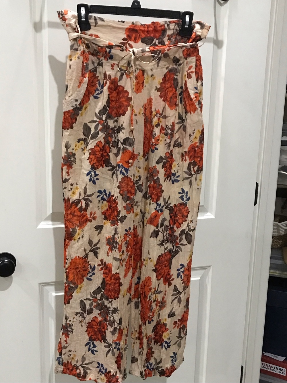 Mango Beige Wide-Leg Paperbag Pants with Orange Floral Motif